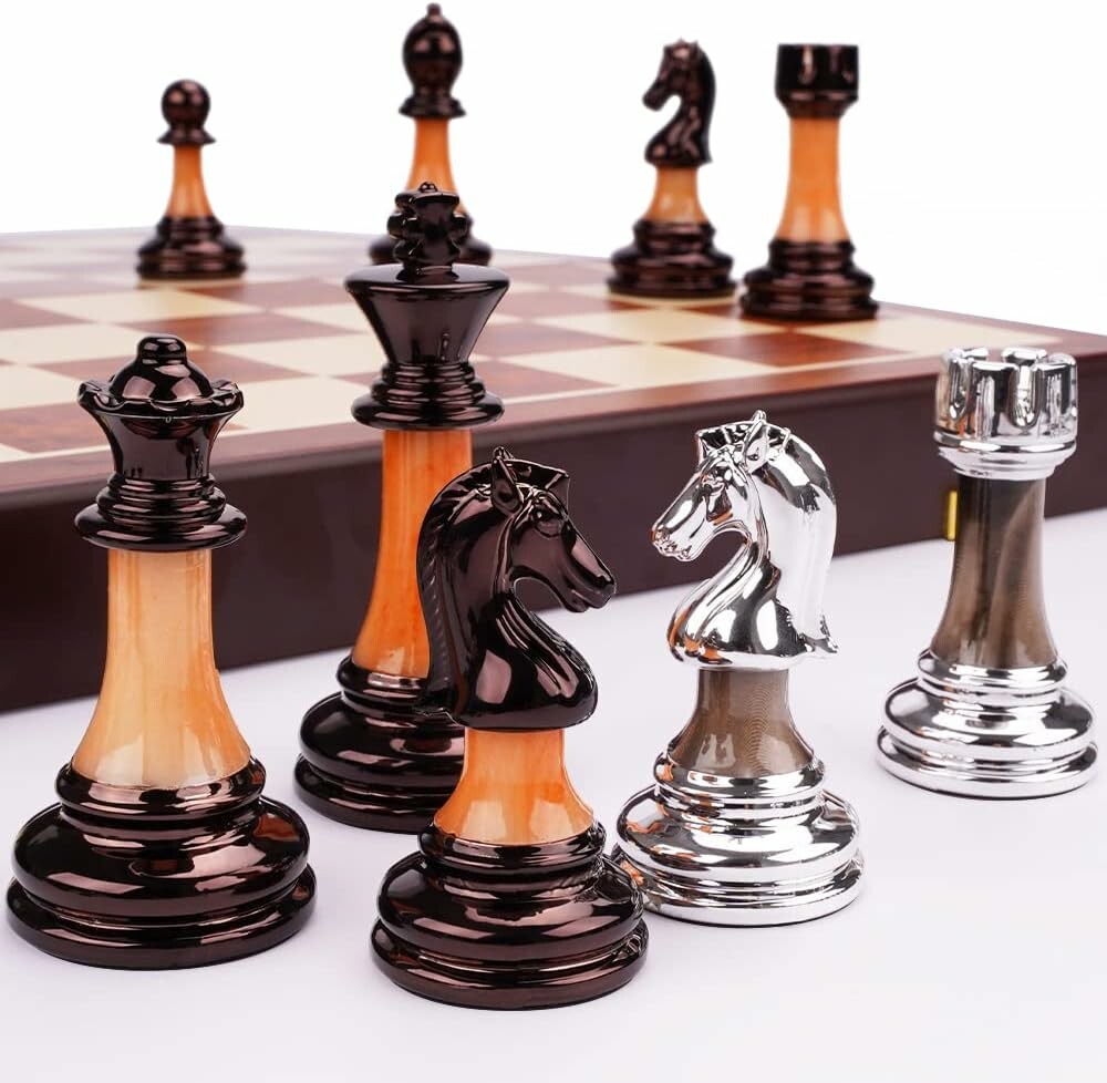 15" Acrylic Chess Set With Zinc Alloy + Acrylic Pieces & Folding Wooden Board