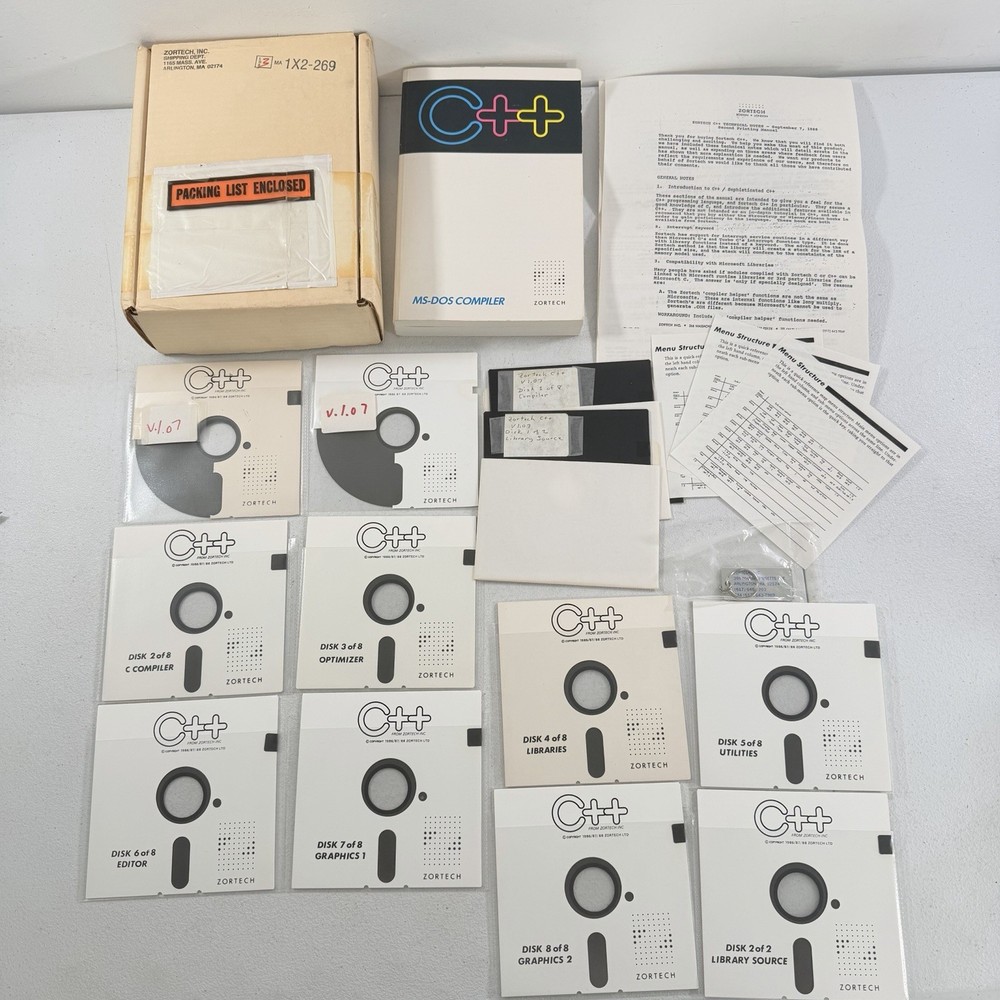 Zortech C++ v1.07 MS-DOS Compiler 5.25” Diskettes W/ Manual