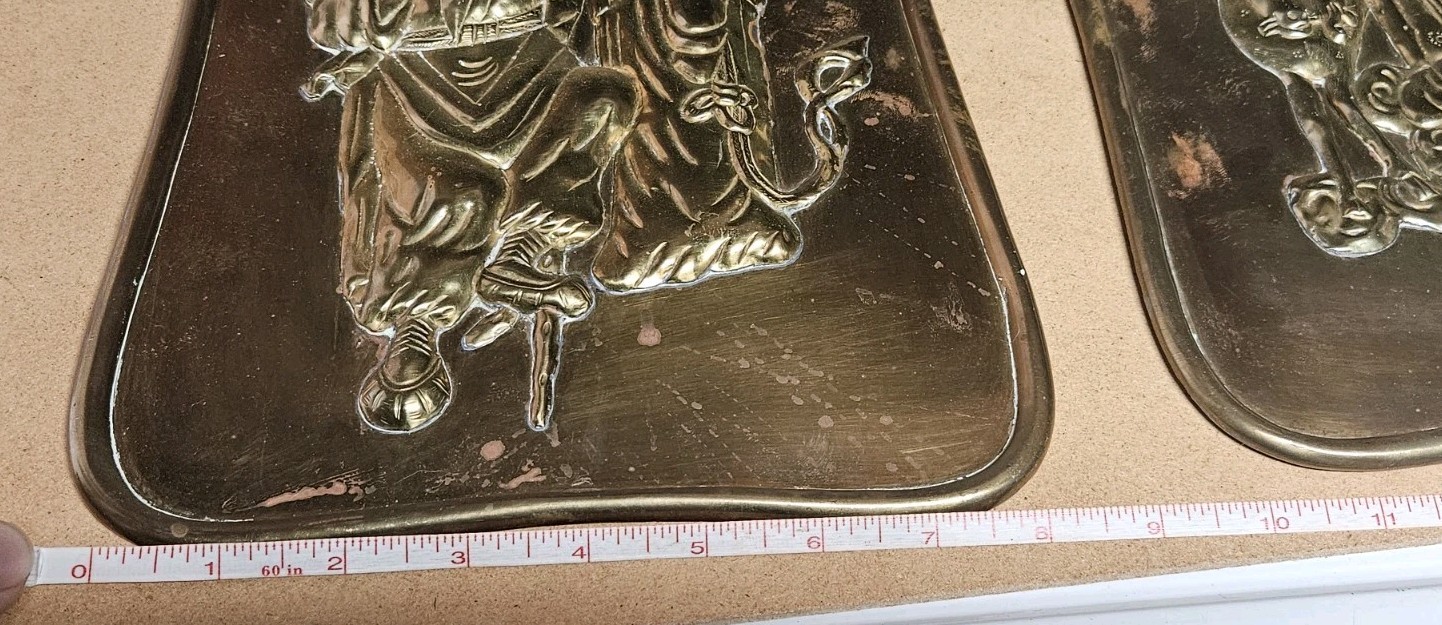 Lot Of 2 Chinese Brass Wall Hanging Reliefs Winged Bat 8x16.5"