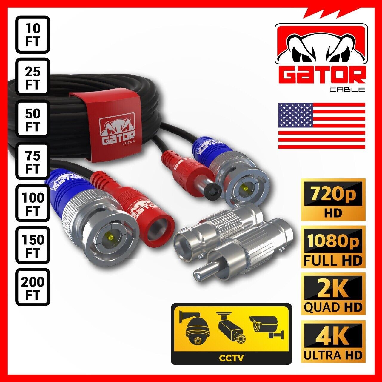 CCTV Cable Camera Security Surveillance BNC Extension Wire DC Power Video DVR HD