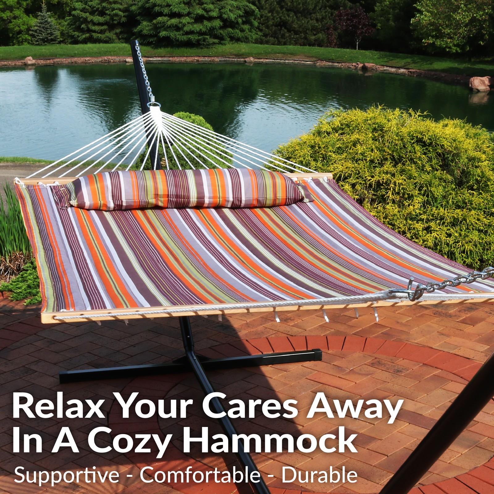 Large Quilted Hammock with Spreader Bars and Pillow - Sunset by Sunnydaze