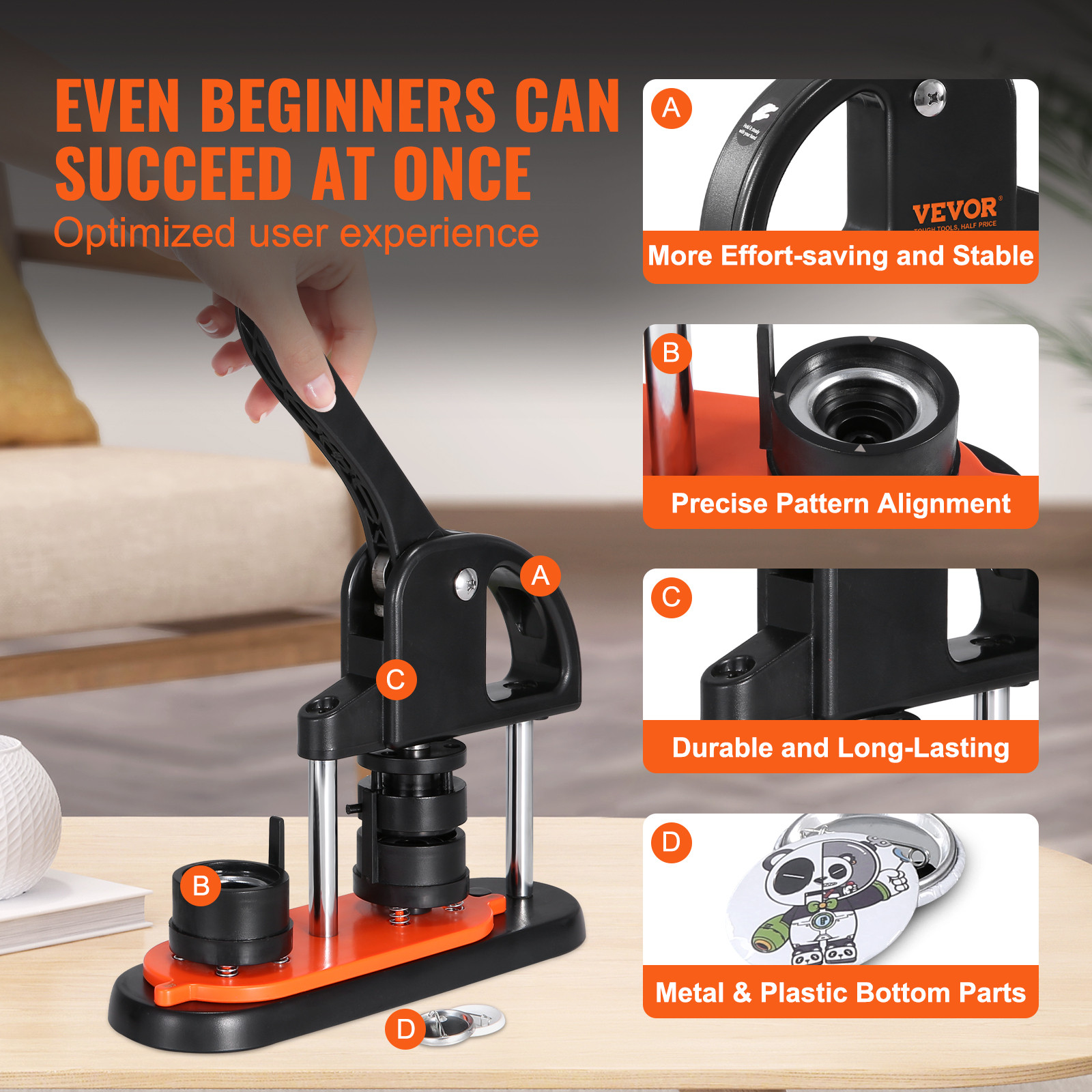 VEVOR Button Maker Machine Pin Badge Maker 1.25" 500 Button Parts+Circle Cutter