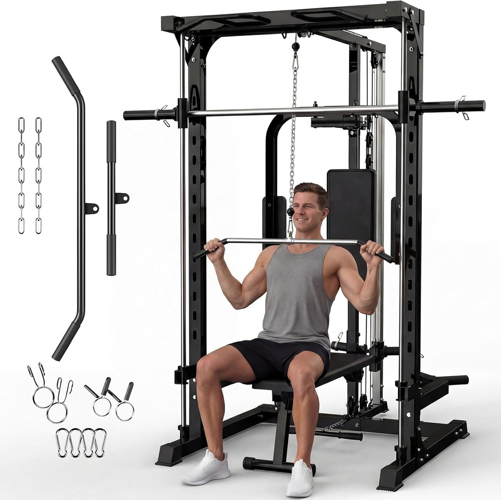 Smith Machine Heavy Duty Power Cage Squat Rack with Smith Bar LAT Pulldown