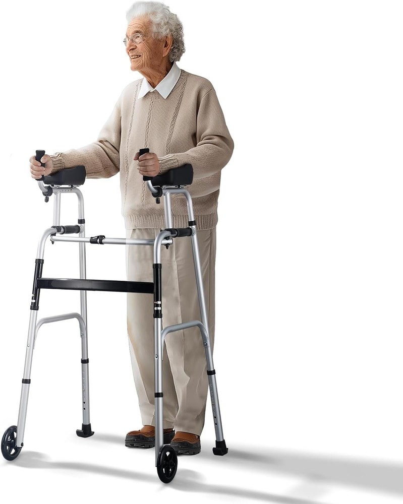 2 in 1 Folding Walker & Removable Armrests, Height Adjustable Foldable Wal