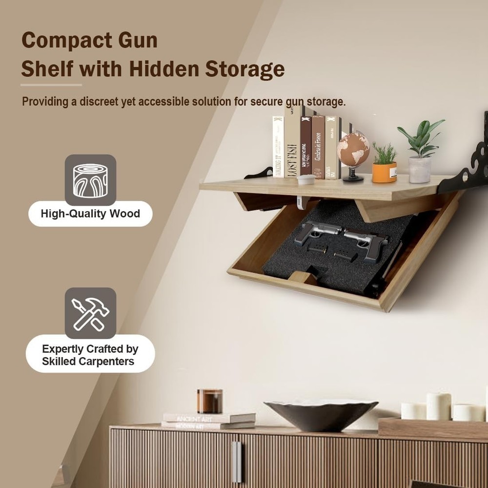 Hidden Gun Shelf Wall Mounted Locking Storage Solid Wood Secret Compartment