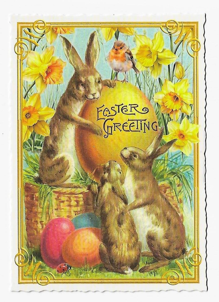 Postcard Glitter Tausendschoen Easter Greetings Rabbits Colored Egg Postcrossing