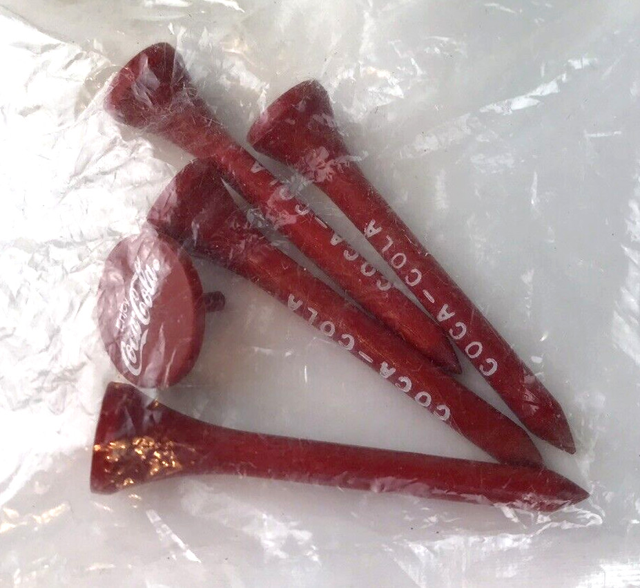 Coke COCA COLA Four Red Wooden Golf Tees and Ball Marker Set NOS Advertising