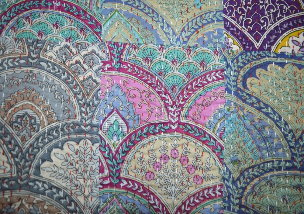 Handmade Patchwork Multi Print Twin Cotton Kantha Quilt Throw Indian Bedspread
