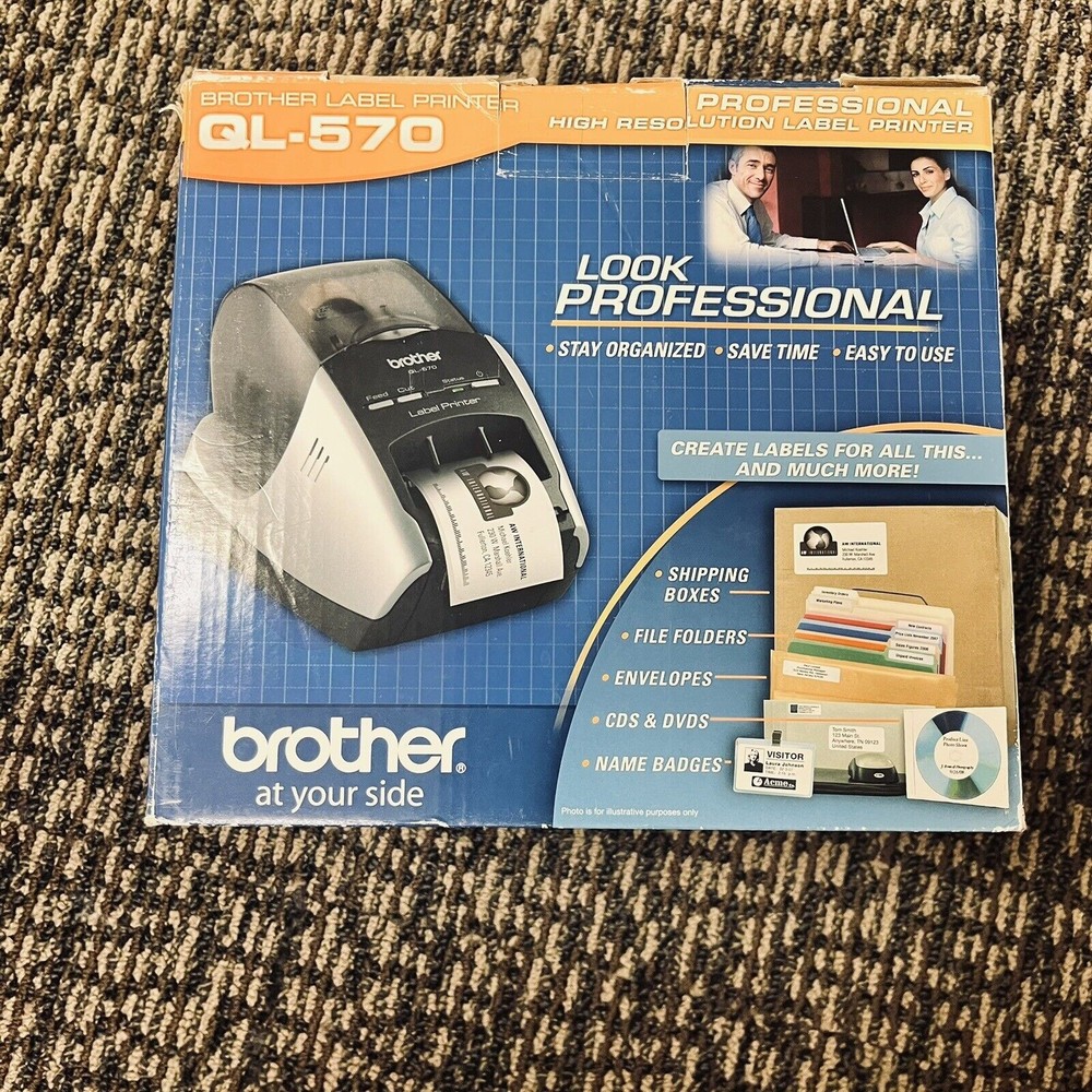 Brother QL-570 Label Printer w/ Extra Labels, Cords, USB Cable & Box - WORKS