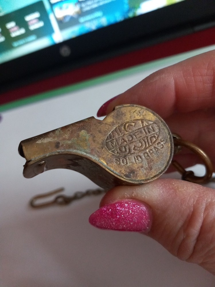 Antique Vintage Solid Brass Whistle USA w/Chain