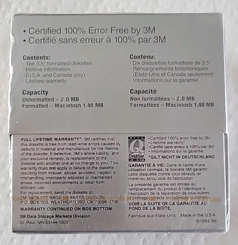 3M DSHD Diskettes Double-Sided High Density 3.5" Floppy Disk 10PK Mac Format New