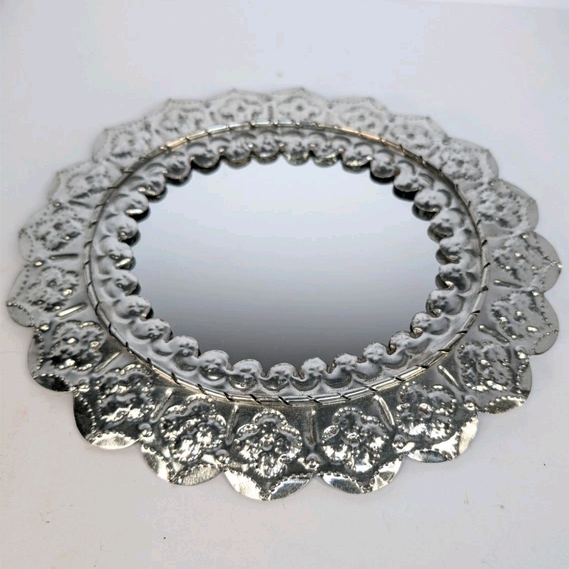 Ornate Vintage Mexican Folk Art Punched Tin Oval Mirror Wall Hanging