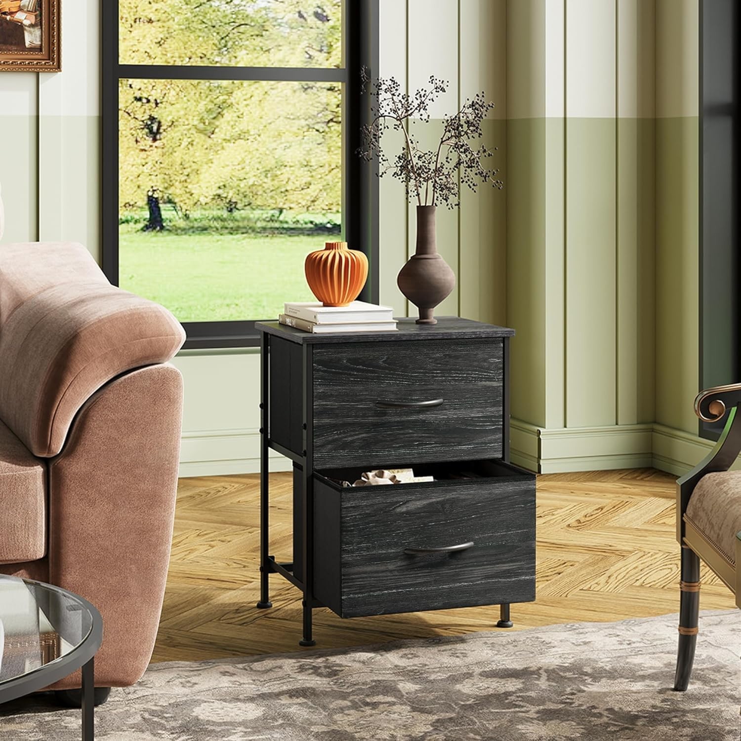 Night Stand, Small Dresser with Drawers, Dresser for Bedroom with 2 Fabric Dr...