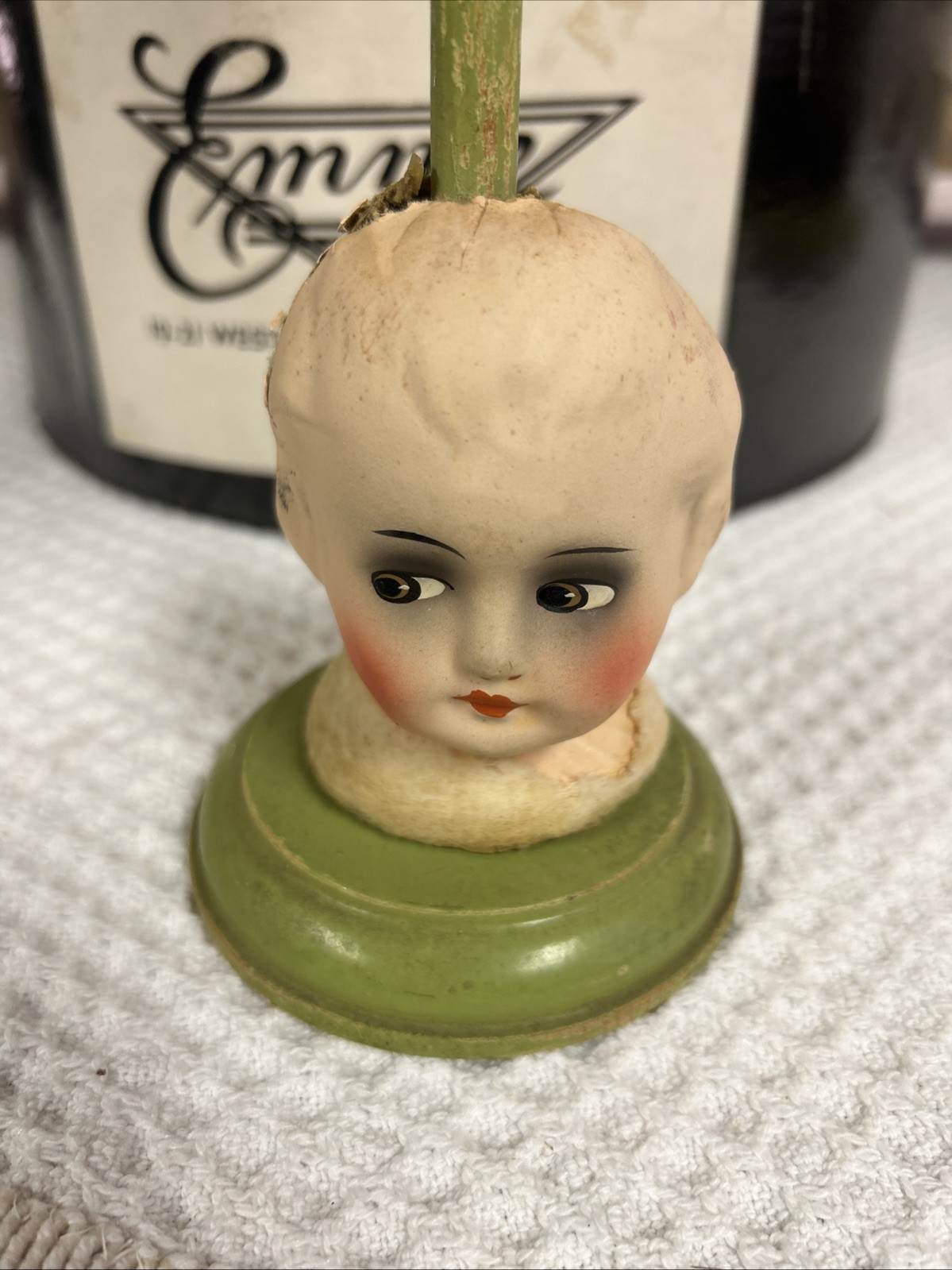 Antique Papier-Mâché Side Eyed Doll Head Girl Wood Hat Stand 9.5" Creepy Germany