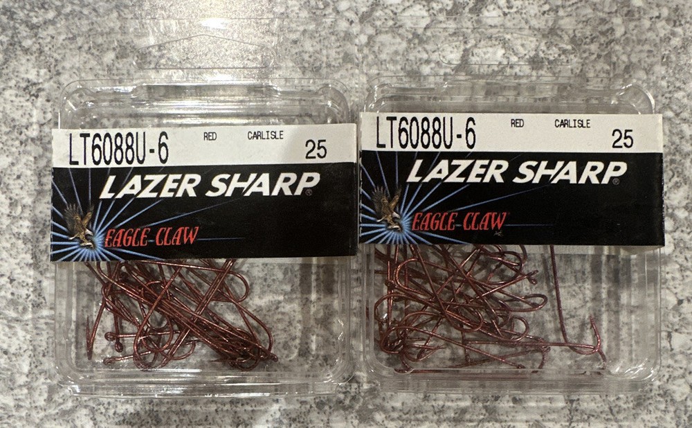 2 Bulk Packs Eagle Claw Lazer Sharp Red Carlisle Hooks Size 6