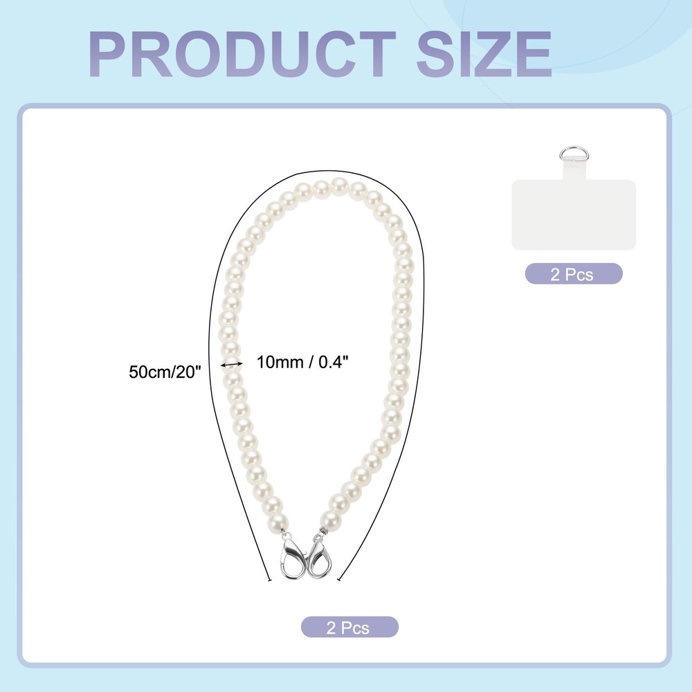 2Pcs Phone Wrist Strap 20" Cellphone Pearl Chain with Tether Tabs & Silver Clasp