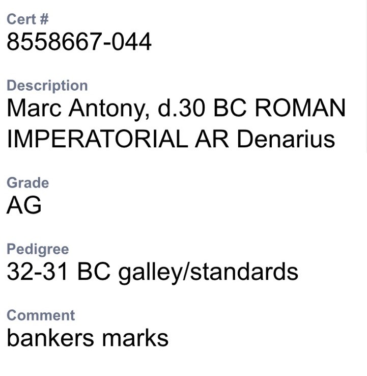 Marc Antony Silver Denarius 30BC Roman Imperatorial NGC Graded Legionary Genuine