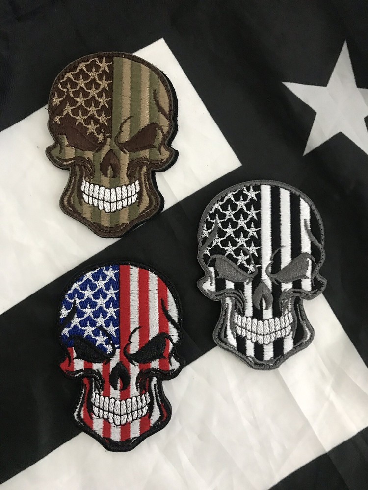 SILVER USA SKULL Embroider American Flag Hook/Loop Patch