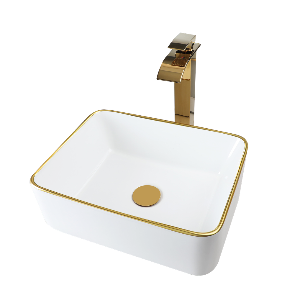 White&Gold Bathroom Sink Rectangular Ceramic Basin Mixer Waterfall Tap Set Drain