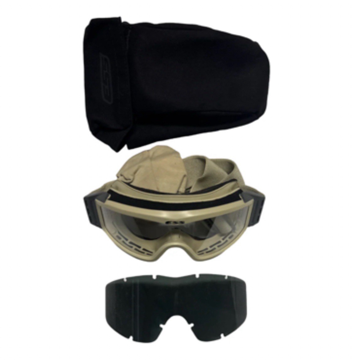USMC Surplus TAN ESS profile goggles with dark lens, cover, and carrying case