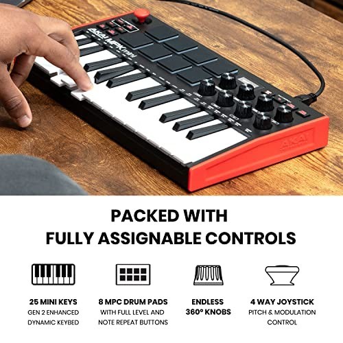 25-Key USB MIDI Keyboard Controller with 8 Backlit Drum Pads & Knobs, Music Soft