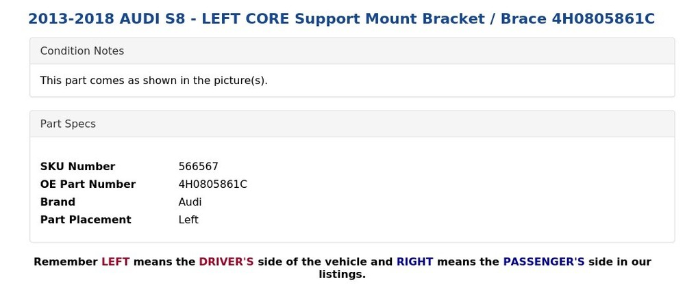 2013-2018 AUDI S8 - LEFT CORE Support Mount Bracket / Brace 4H0805861C