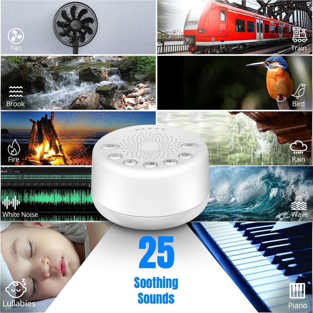 White Noise Machine with 25 Sounds, Night Light, Volume Control, Sleep Timer