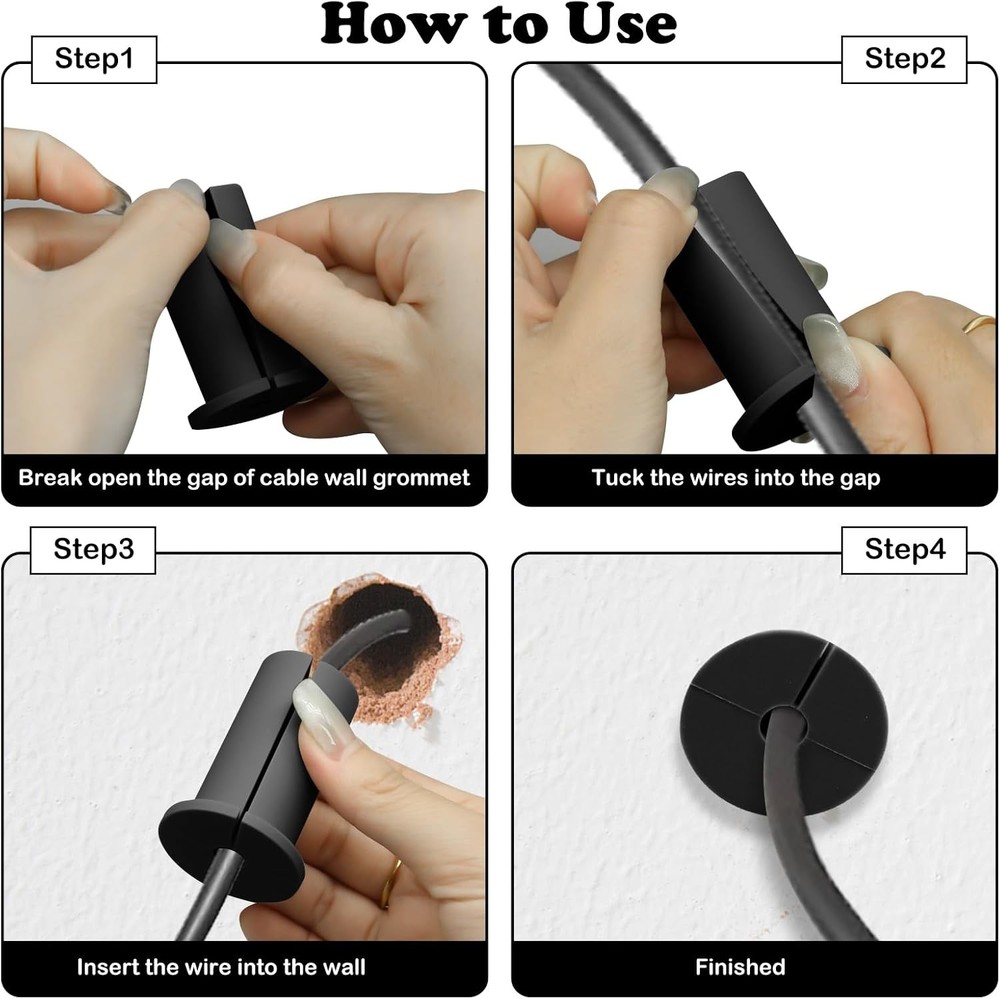 4Pcs Wall Cable Pass Through Grommets, Silicone Grommets Black