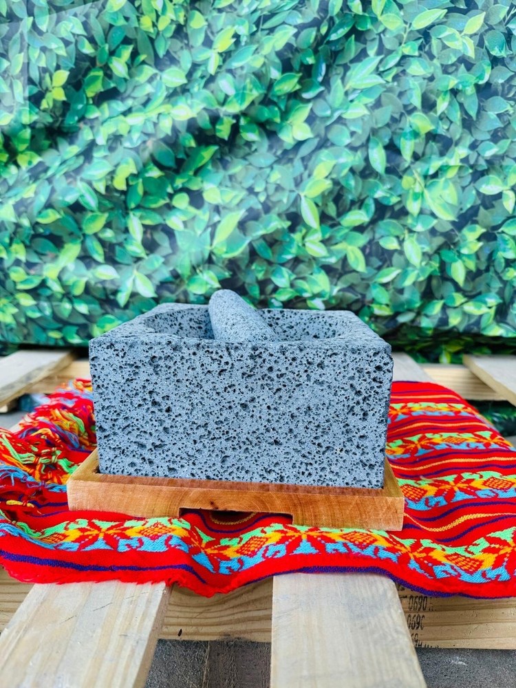 Molcajete Stone Square 8in With Wood Bottom Base
