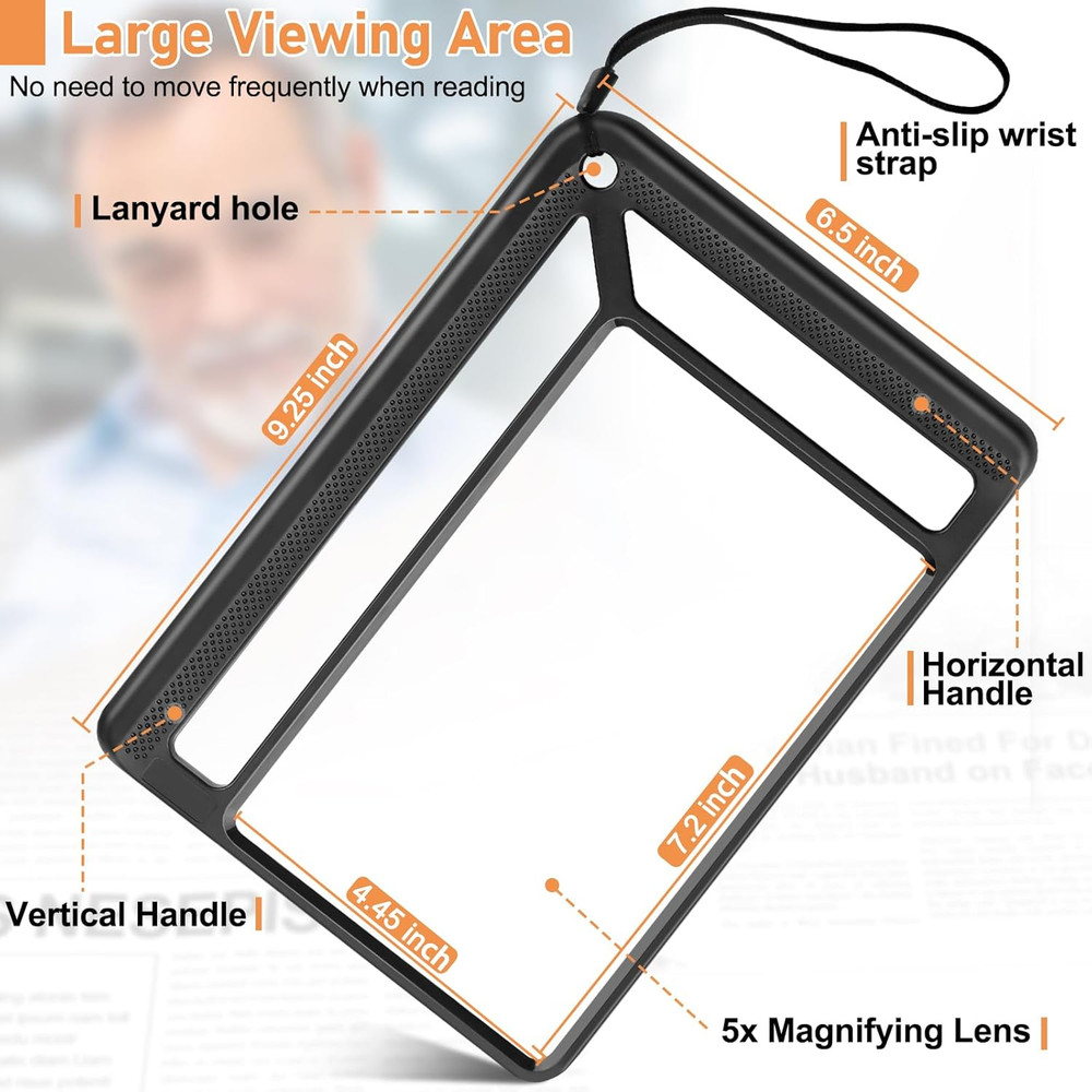 5X Full Page Magnifying Glass for Reading, Lightweight Rectangular Magnifier Pro