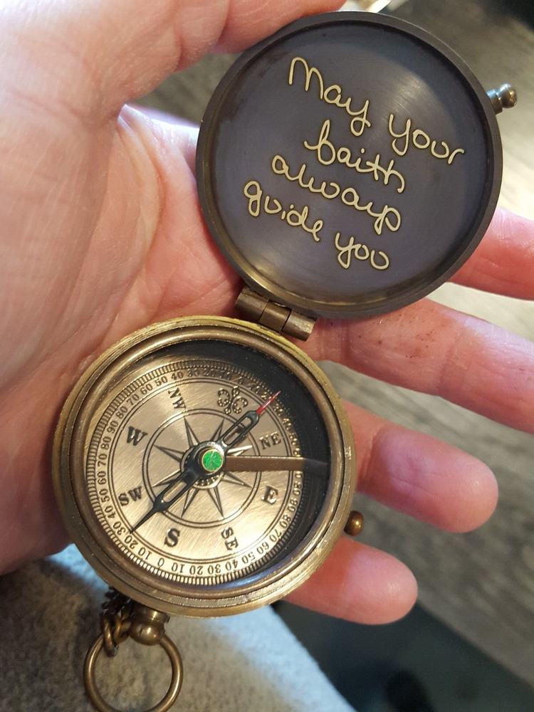 Engraved Monogrammed Brass Compass + Leather Pouch