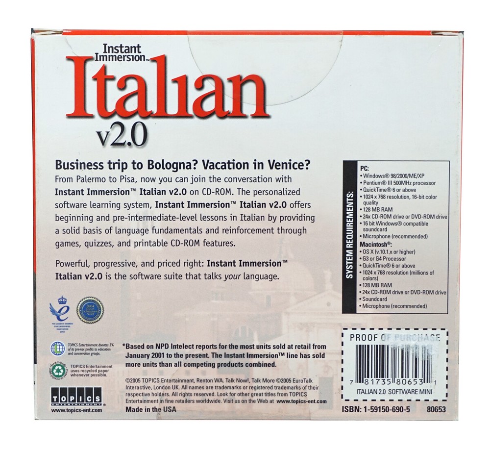Instant Immersion LEARN how to Speak BEGINNER ITALIAN Language Win/Mac CD
