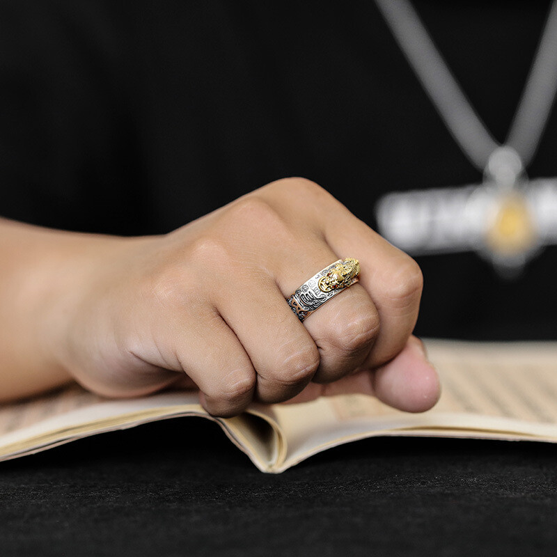 Silver Feng Shui Pixiu Adjustable Ring MANI Mantra Protection Wealth Ring USA