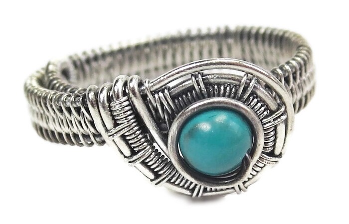 Turquoise Adjustable Ring, Woven in Sterling Silver Wire
