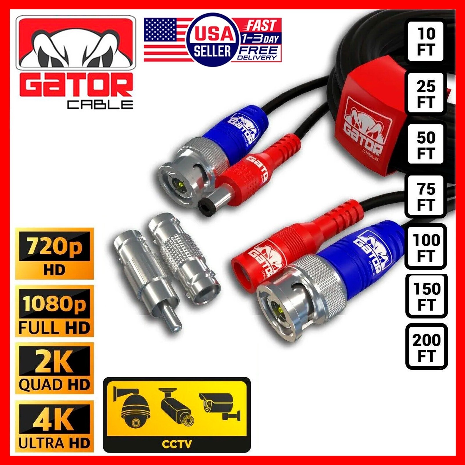 CCTV Cable Camera Security Surveillance BNC Extension Wire DC Power Video DVR HD