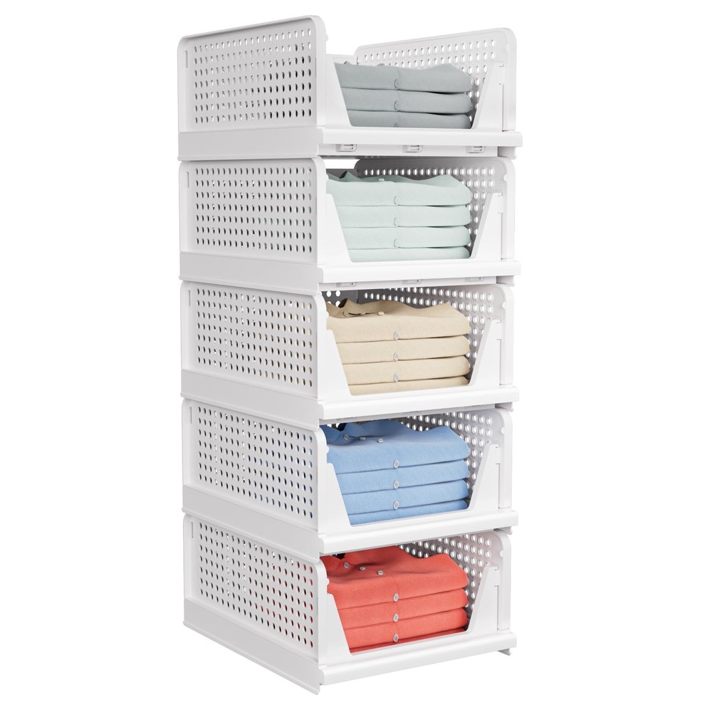 5 Pack Stackable Closet Storage Basket - Stackable Storage Bins, Multifunctio...