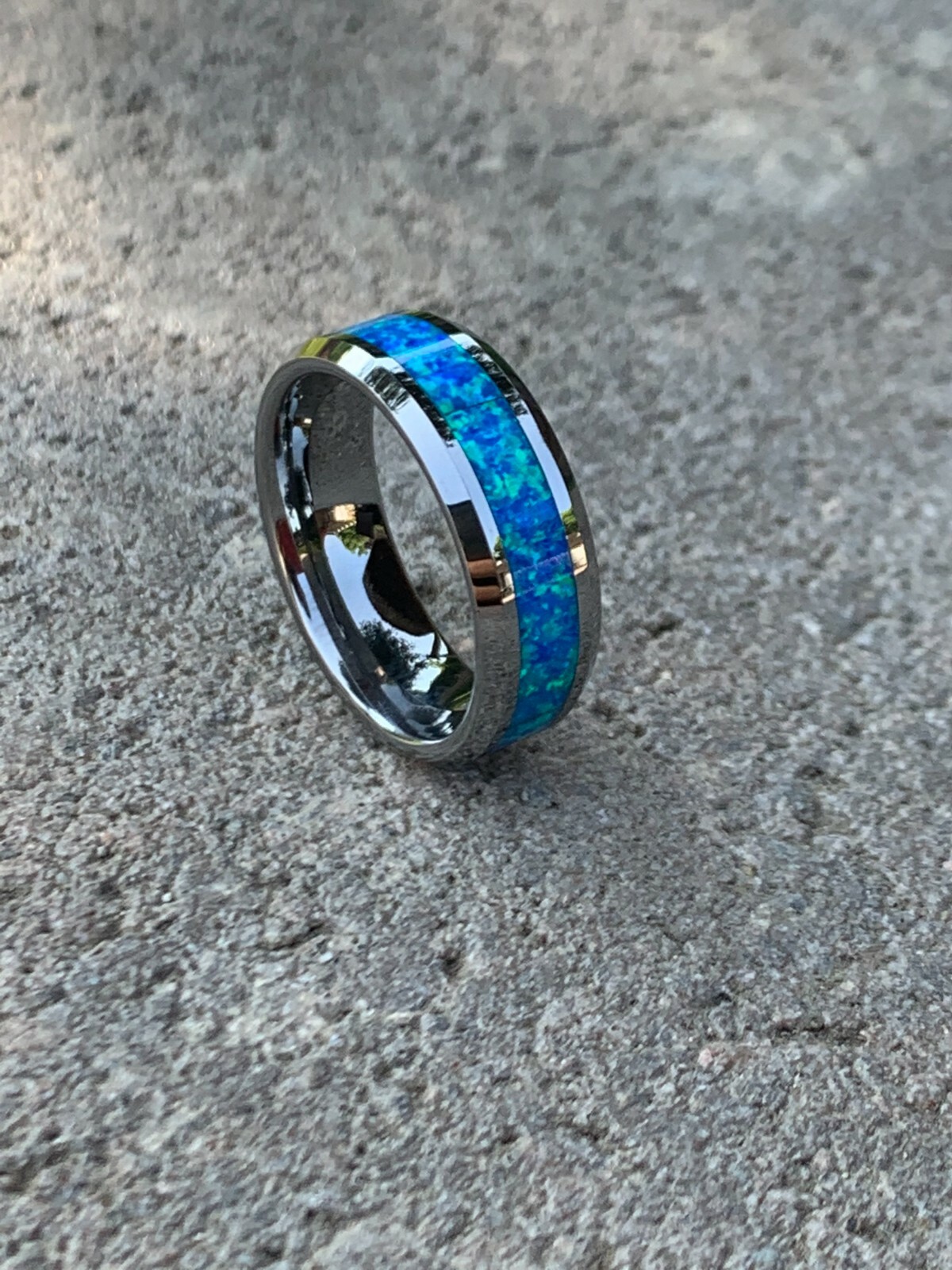 His & Her's Tungsten Carbide Hawaiian Ocean Opal Blue Inlay Wedding Band Ring