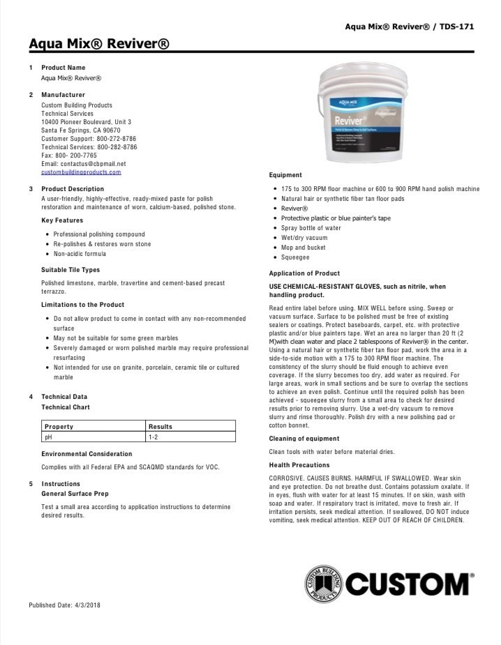 Aqua Mix C100530 Reviver Professional Marble Polishing Compound Polish & Restore