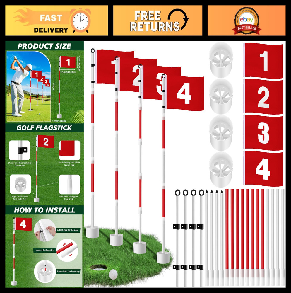 4 Pack 6ft Golf Flag Sticks - Numbered Putting Green Hole Pins for Backyard & Dr