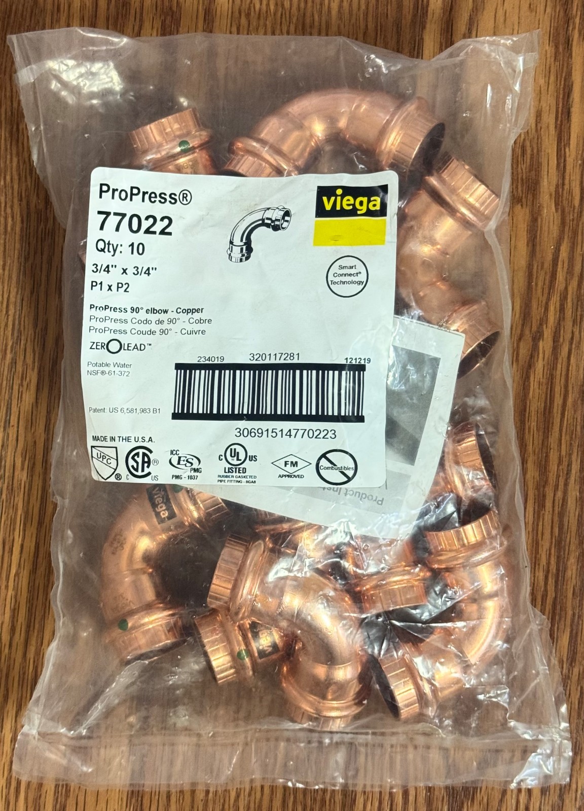 NEW 10PK Viega 77022 ProPress Copper 3/4" x 3/4" 90 Degree Elbow P1 x P2 ~Fr.Sh.