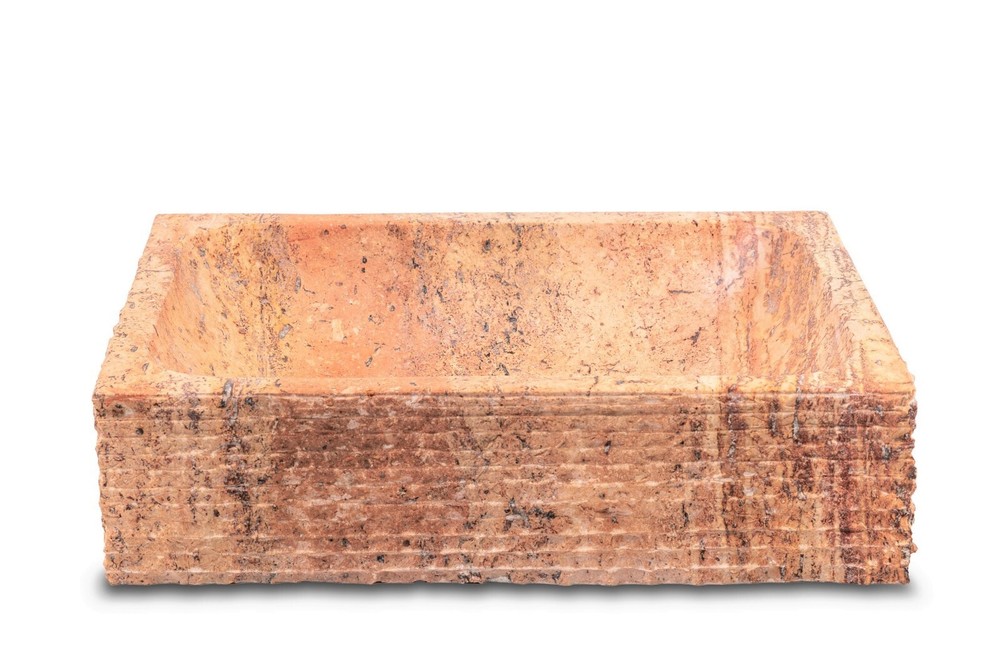 Natural Stone Vessel Bathroom Sink - Rustic Rectangular Peach Travertine