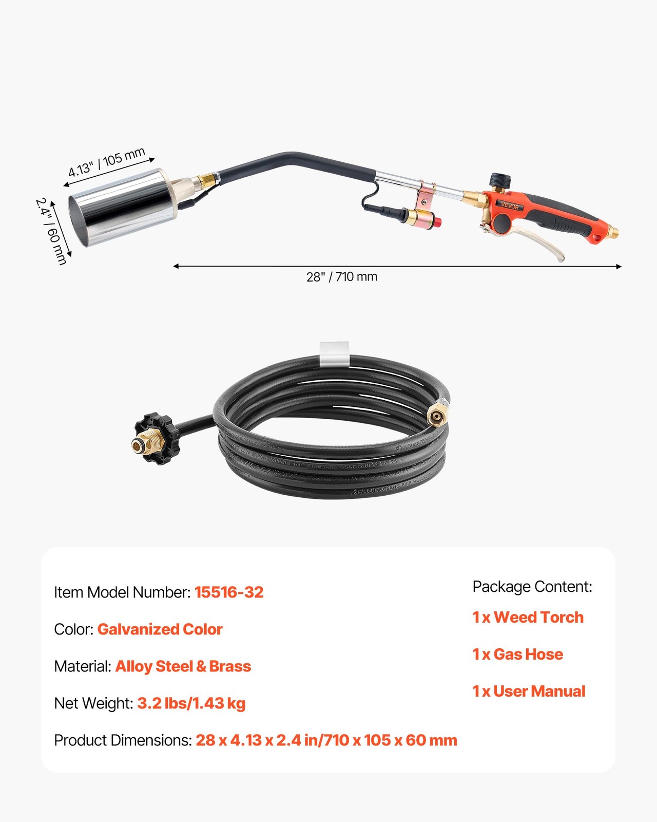 VEVOR Propane Weed Torch Burner Ice Snow Melter 1800000 BTU 10 ft Hose Portable