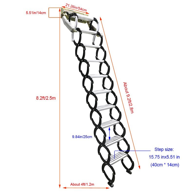 Narrow Wall Mounted Loft Wall Stairs Black+White Pull Down Ladder System 10 Ste