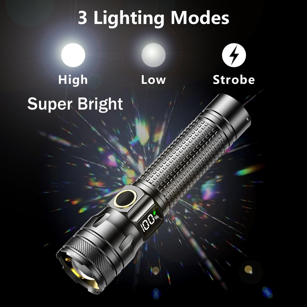 Gotellx Rechargeable LED Flashlights with Digital Power Display, Small, Black