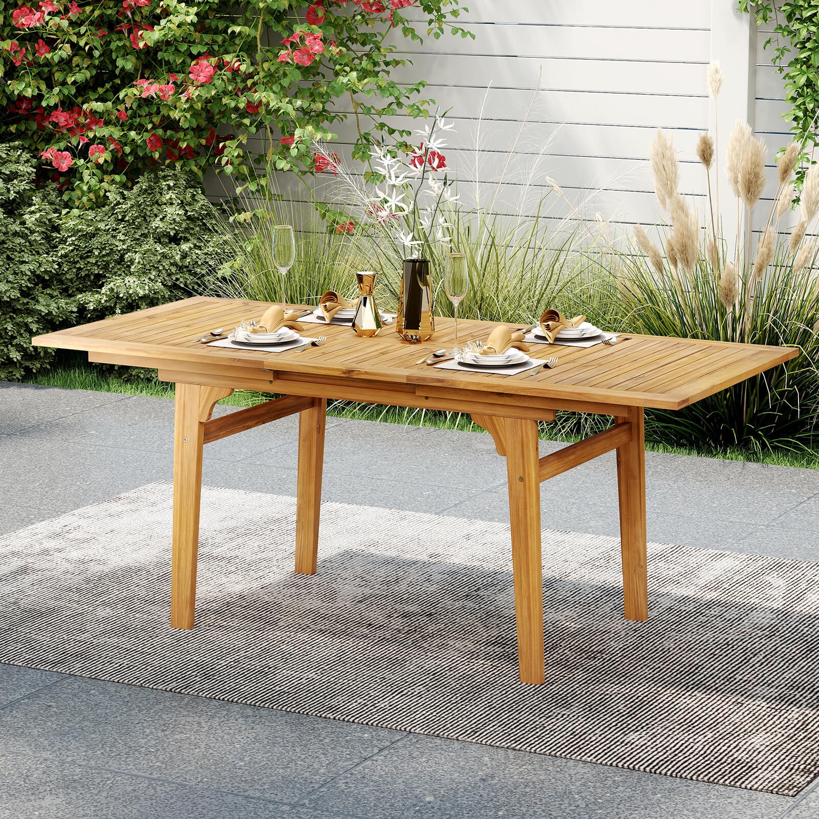 Expandable Outdoor Dining Table 55"-71" Acacia Wood Patio Table for 6-8 Person