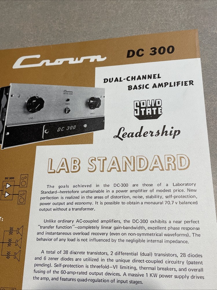 Original 1970s CROWN DC 300 Dual Channel Basic Amplifier Advertising Spec Sheet!