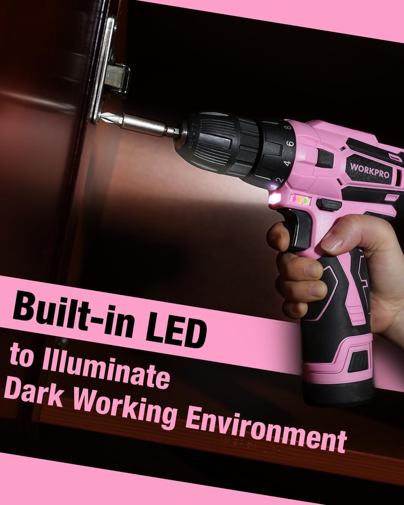 WORKPRO Pink Cordless Drill Driver Set, 12V Electric Screwdriver Driver Tool Kit