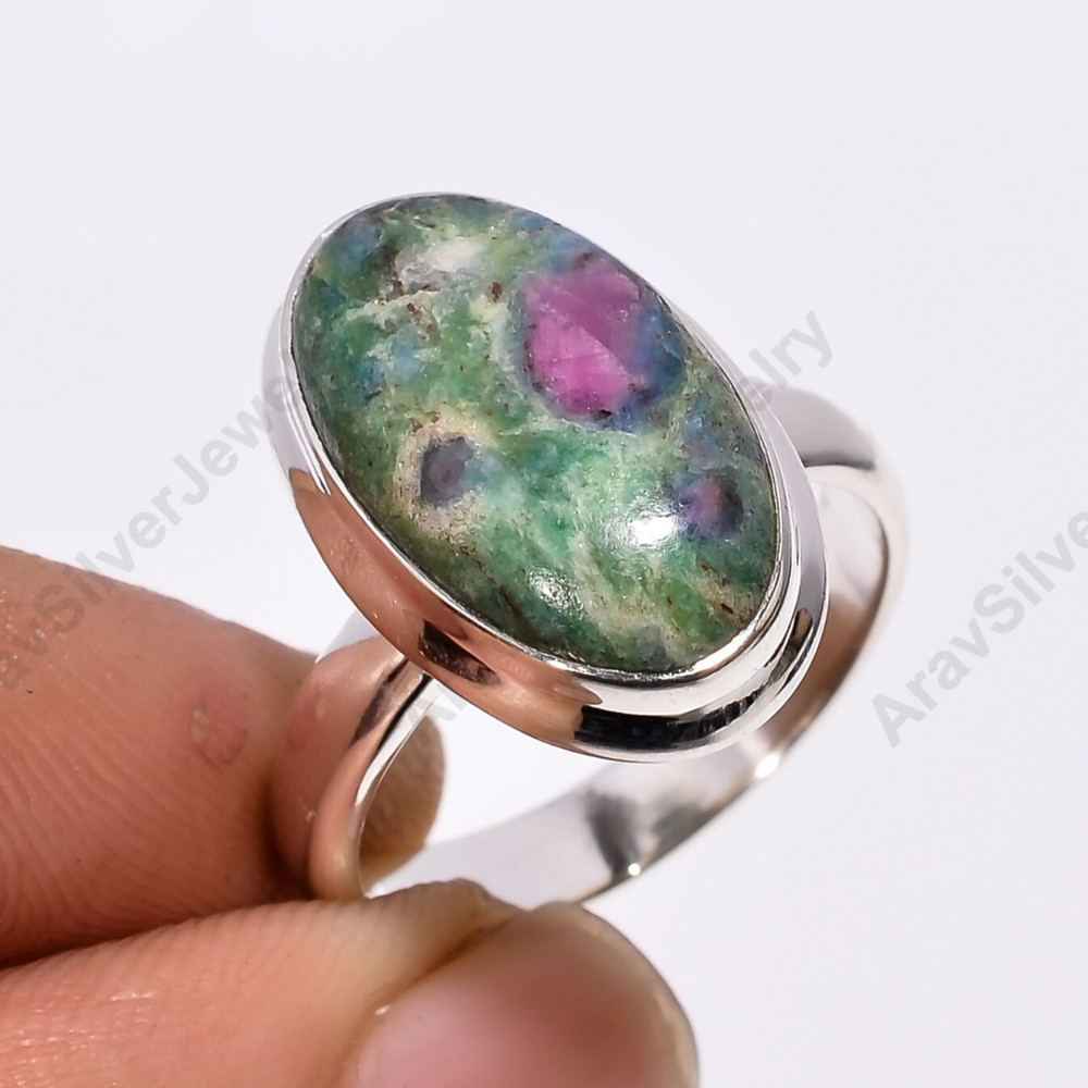 Natural Ruby Fuchsite Gemstone Ring 925 Sterling Silver Handmade Statement Rings