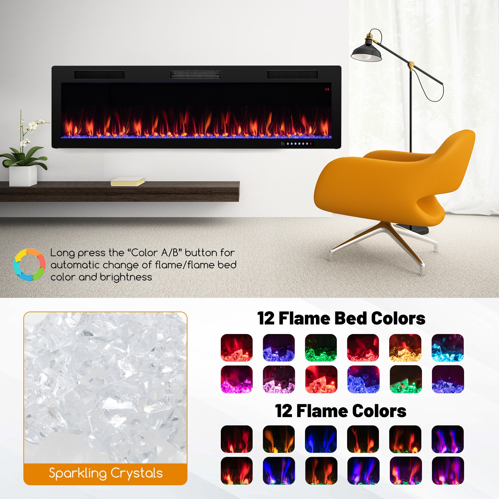 60" Linear Electric Fireplace 1500W Recessed Wall-Mounted w/ Multi-Color Flame