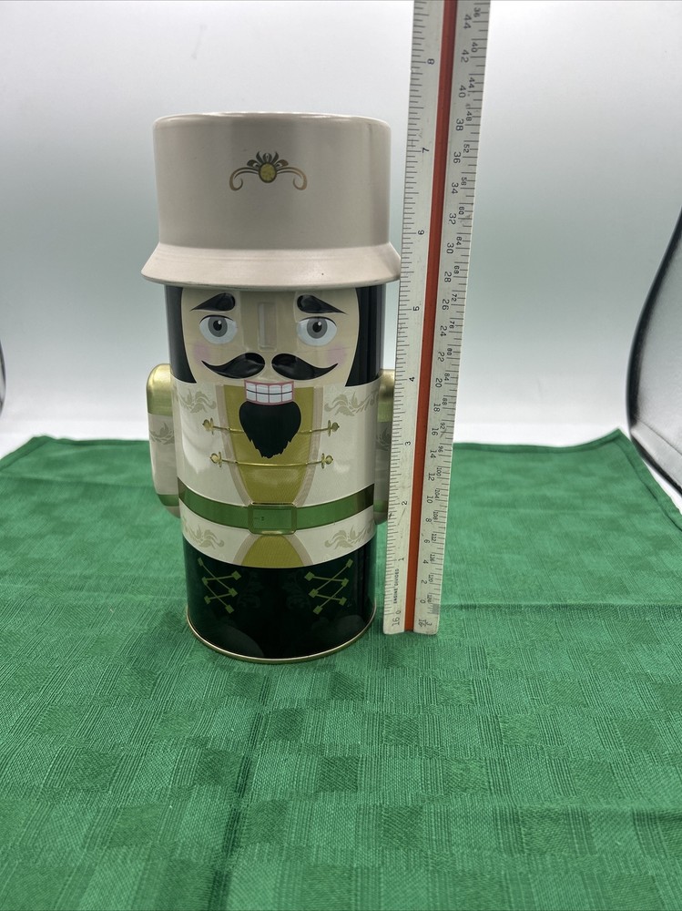 Christmas Nutcracker Soldier Tin Canister Beige / Black 8” Tall